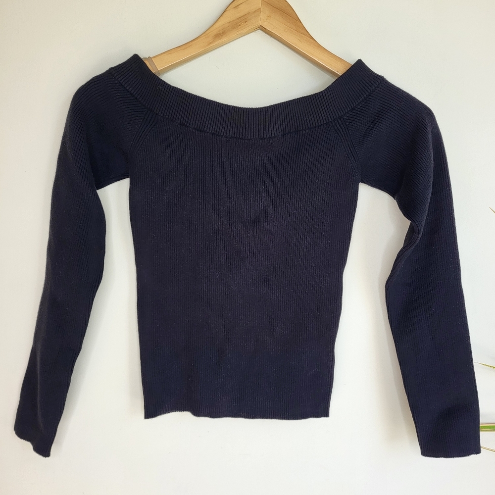 Express Body Contour Collection Off Shoulder Black Ribbed Sweater